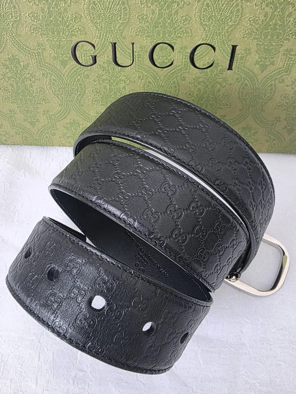 Auth Gucci Guccissima Men Black Leather Belt with Silver Buckle